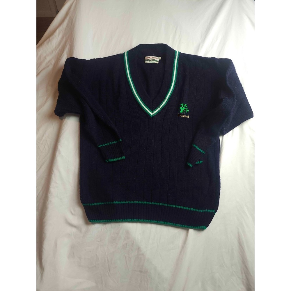 Celtic Country Sweater Mens Large Navy Knit Made In Ireland‎ V-Neck Pullover